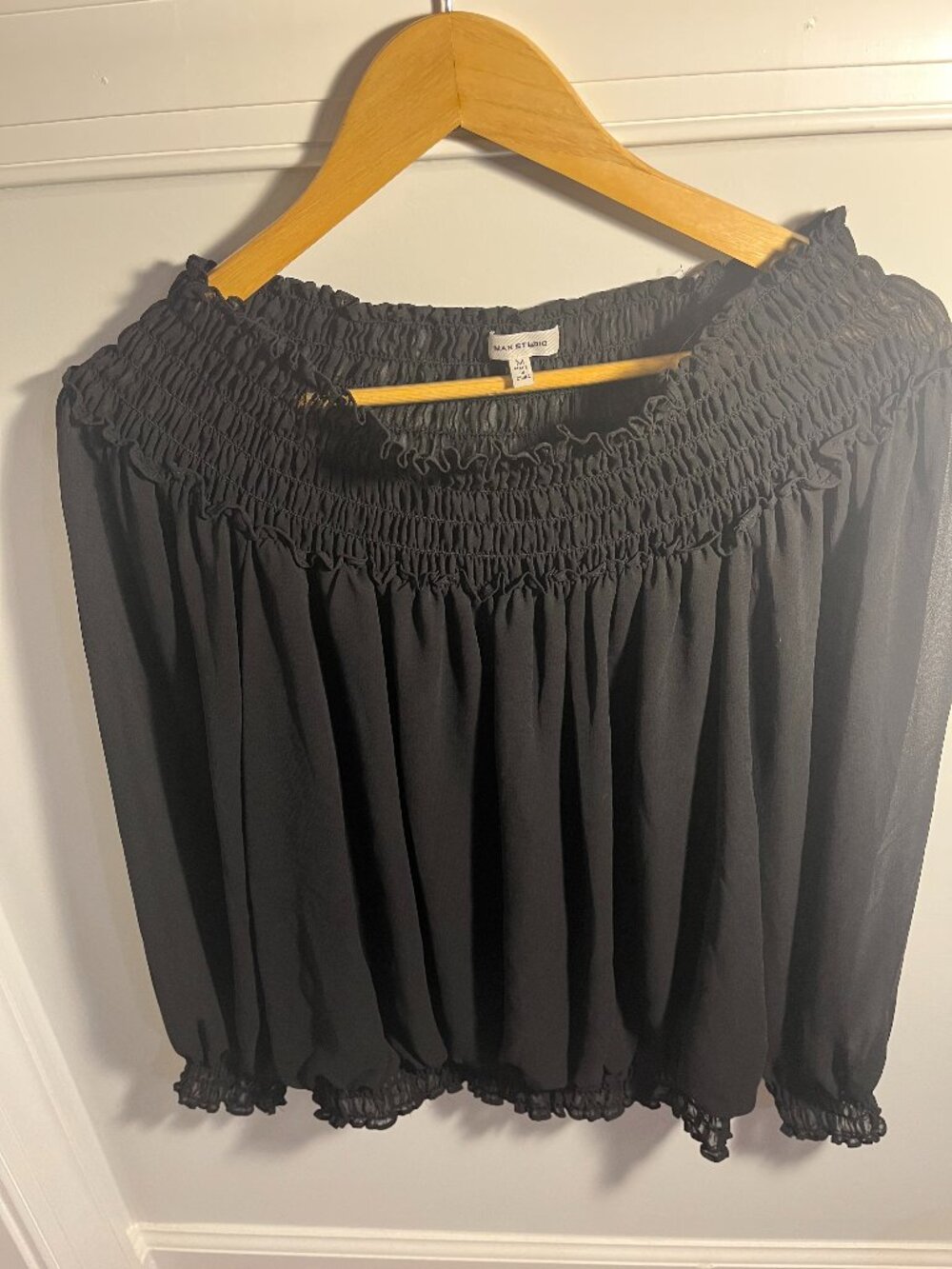 🖤 Max Studio Black Off-Shoulder Smocked Boho Top | Size M
